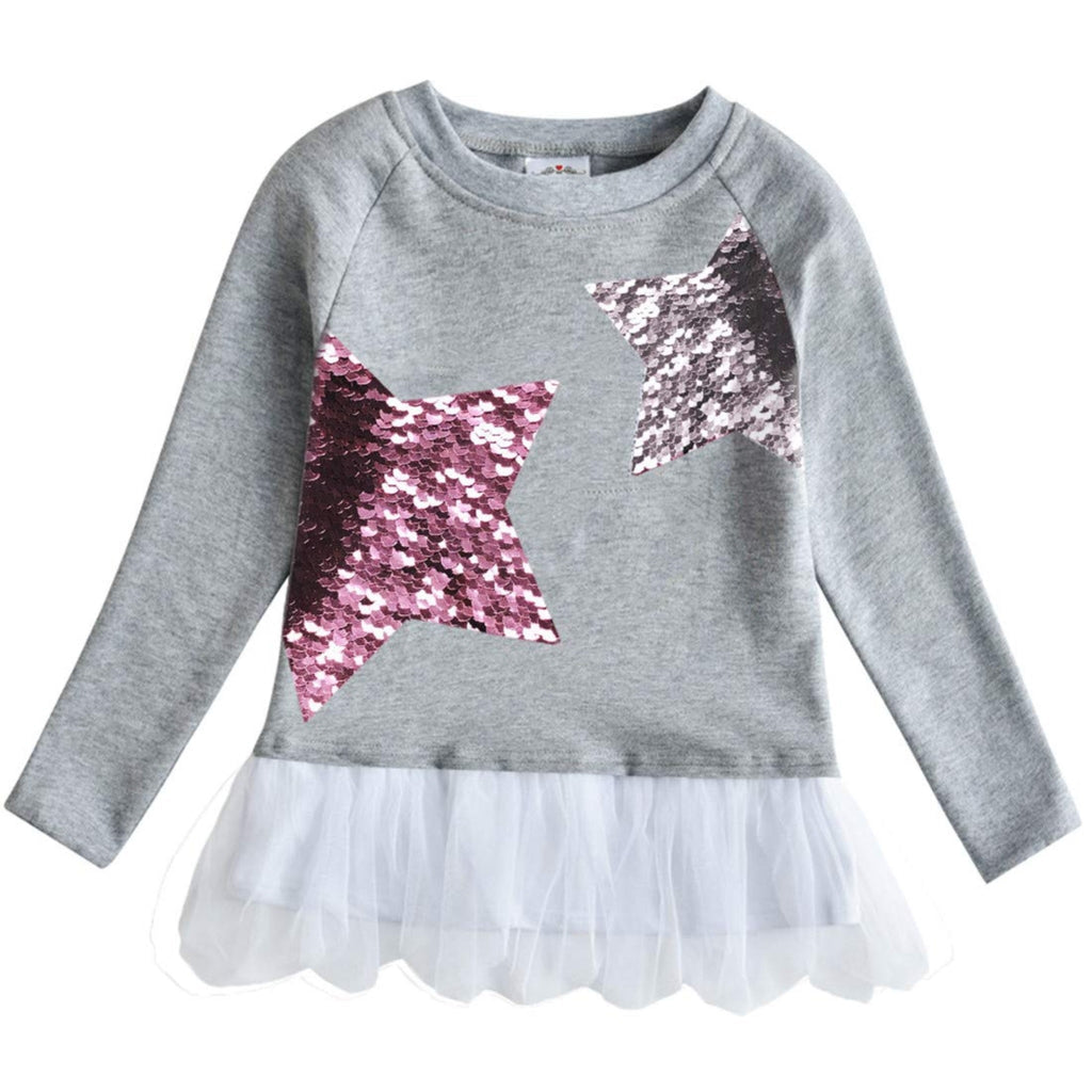 Top de manga larga gris con dos estrellas de lentejuelas rosa y plateada y dobladillo de tul blanco para niñas