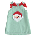 Santa Seersucker Green Girl | Vestido Rayas Verde/Blanco Niña — Sin Mangas + Cuello Redondo + Aplicación Papa Noel 3D + Lazos Rojos