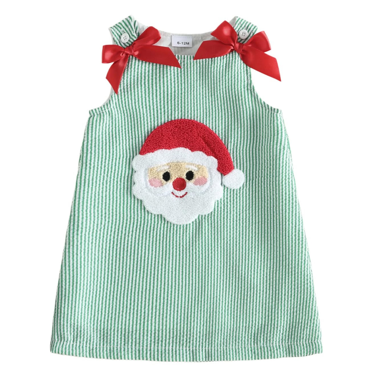 Santa Seersucker Green Girl | Vestido Rayas Verde/Blanco Niña — Sin Mangas + Cuello Redondo + Aplicación Papa Noel 3D + Lazos Rojos