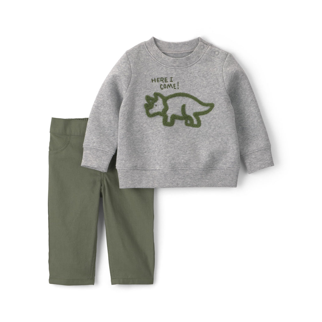 Conjunto 2 Piezas Carter's | Sudadera Gris Triceratops "Here I Come!" + Pantalón Verde Oliva | Bebé Niño (0M - 24M)