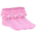Pistha | Calcetines Nina Pack 3 Pares Volantes Encaje Doble Capa Rosa Tobillero Algodon Princesa Boda Comunion (2 - 15T)