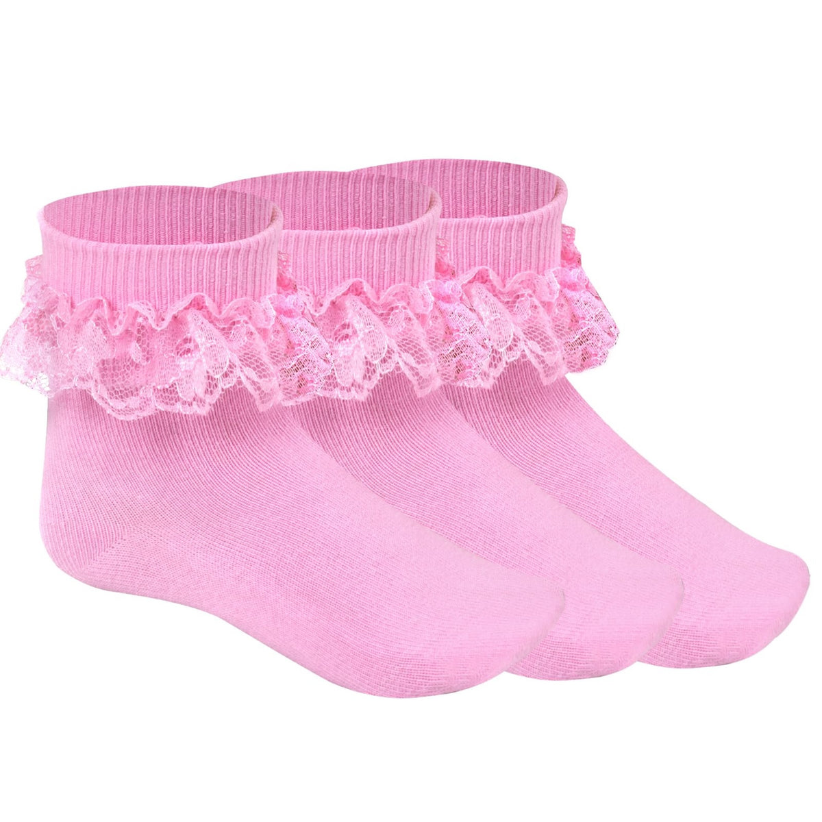 Pistha | Calcetines Nina Pack 3 Pares Volantes Encaje Doble Capa Rosa Tobillero Algodon Princesa Boda Comunion (2 - 15T)