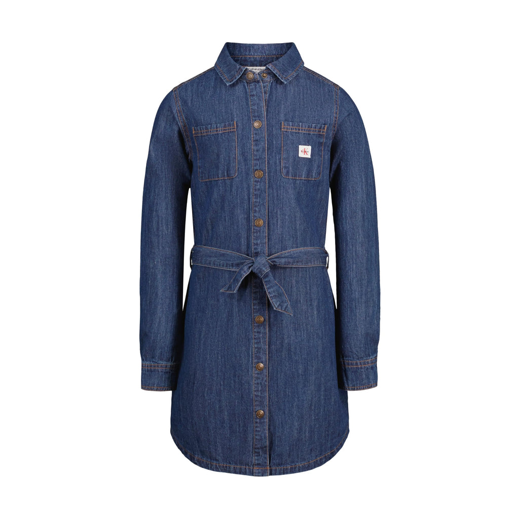 Calvin Klein Vestido Camisero Chambray Niña | Azul Beckford Wash • Manga Larga • Dobladillo Curvo