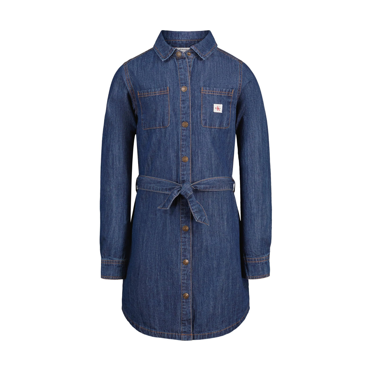 Calvin Klein Vestido Camisero Chambray Niña | Azul Beckford Wash • Manga Larga • Dobladillo Curvo