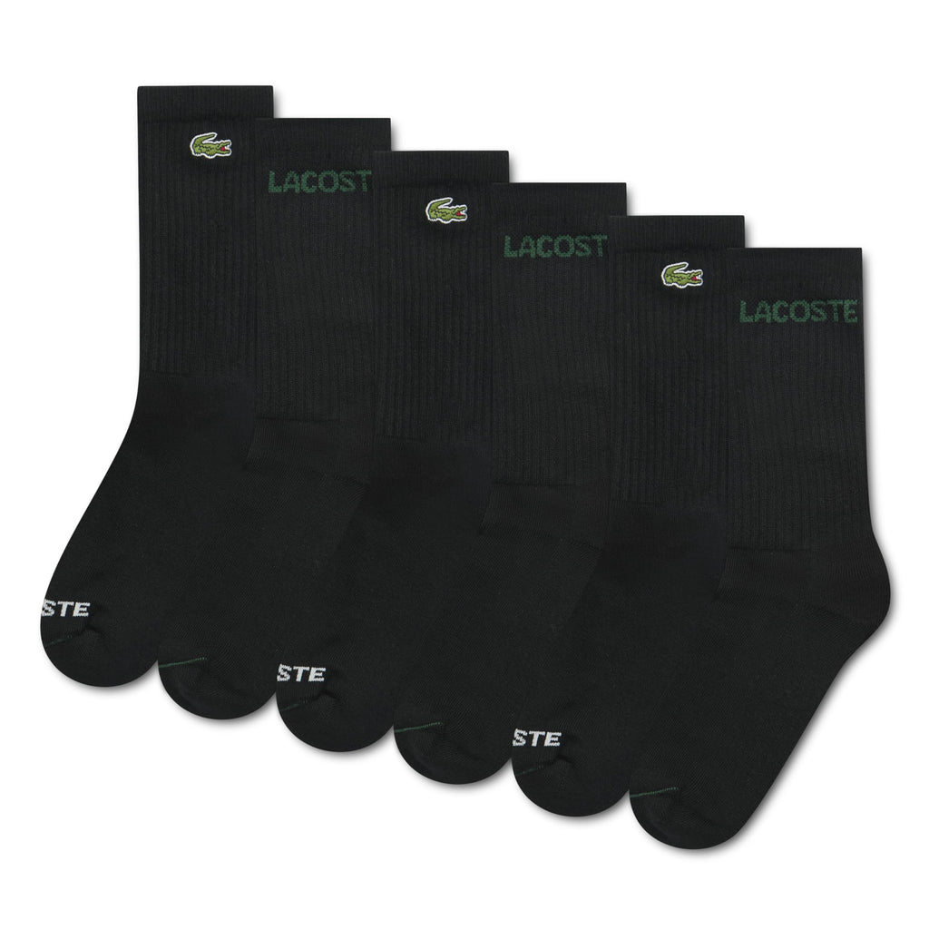 Lacoste | Calcetines Niño Unisex Pack 6 Pares Crew Todo Negro Algodón Orgánico Cocodrilo Bordado Logo Verde  (4-20T)