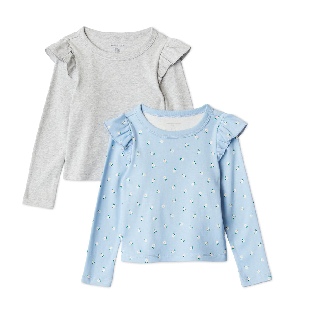 Amazon Essentials Pack x2 Camisetas Niña | Gris + Celeste Floral • Manga Larga con Volantes