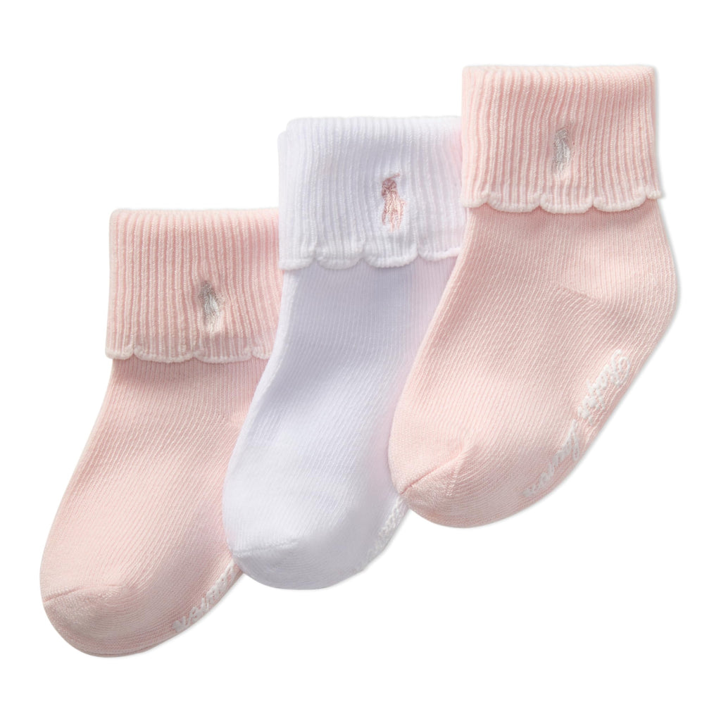 Polo Ralph Lauren | Calcetines Bebé Niña Pack 3 Algodón Rosa Suave Borde Festoneado Turn Cuff Pony