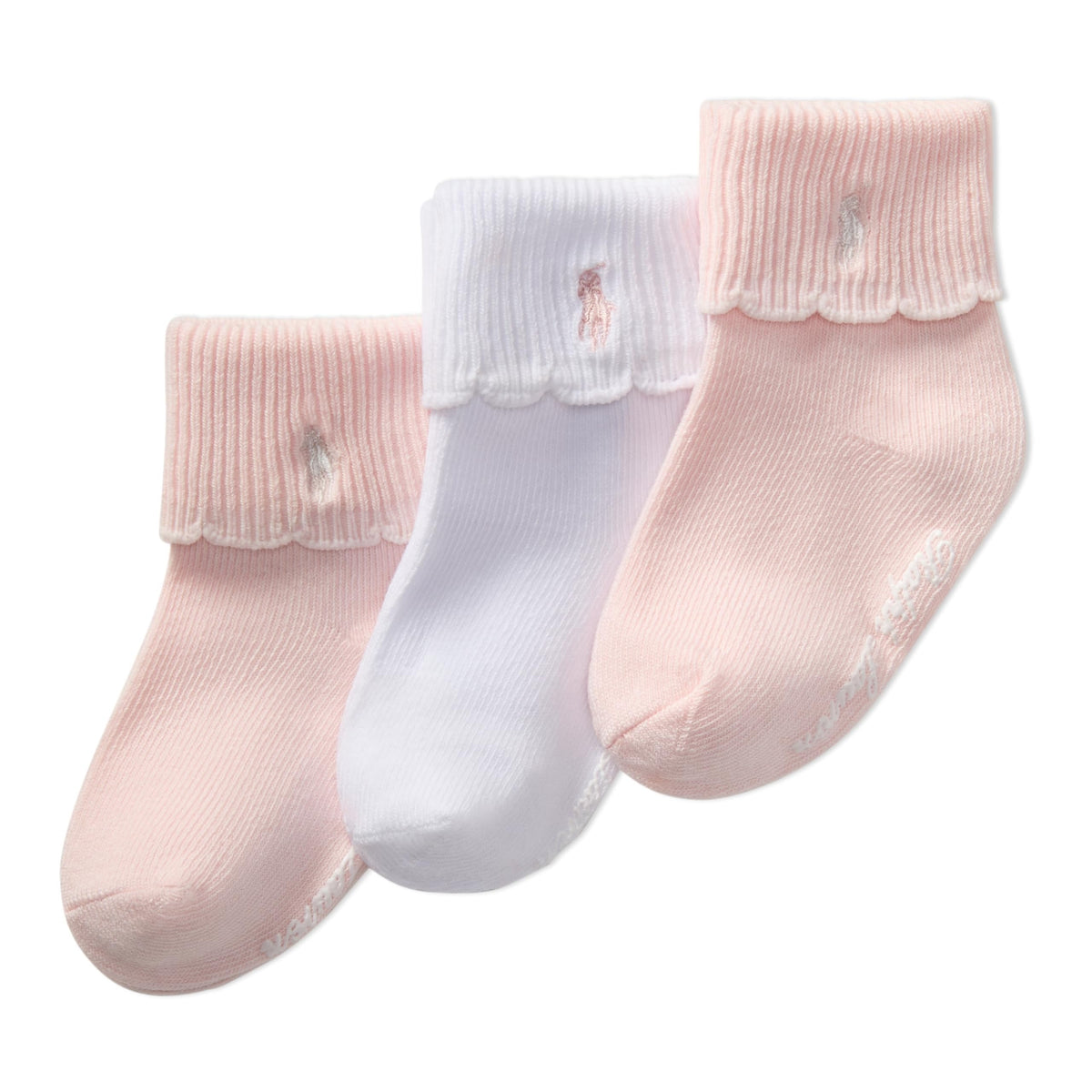 Polo Ralph Lauren | Calcetines Bebé Niña Pack 3 Algodón Rosa Suave Borde Festoneado Turn Cuff Pony