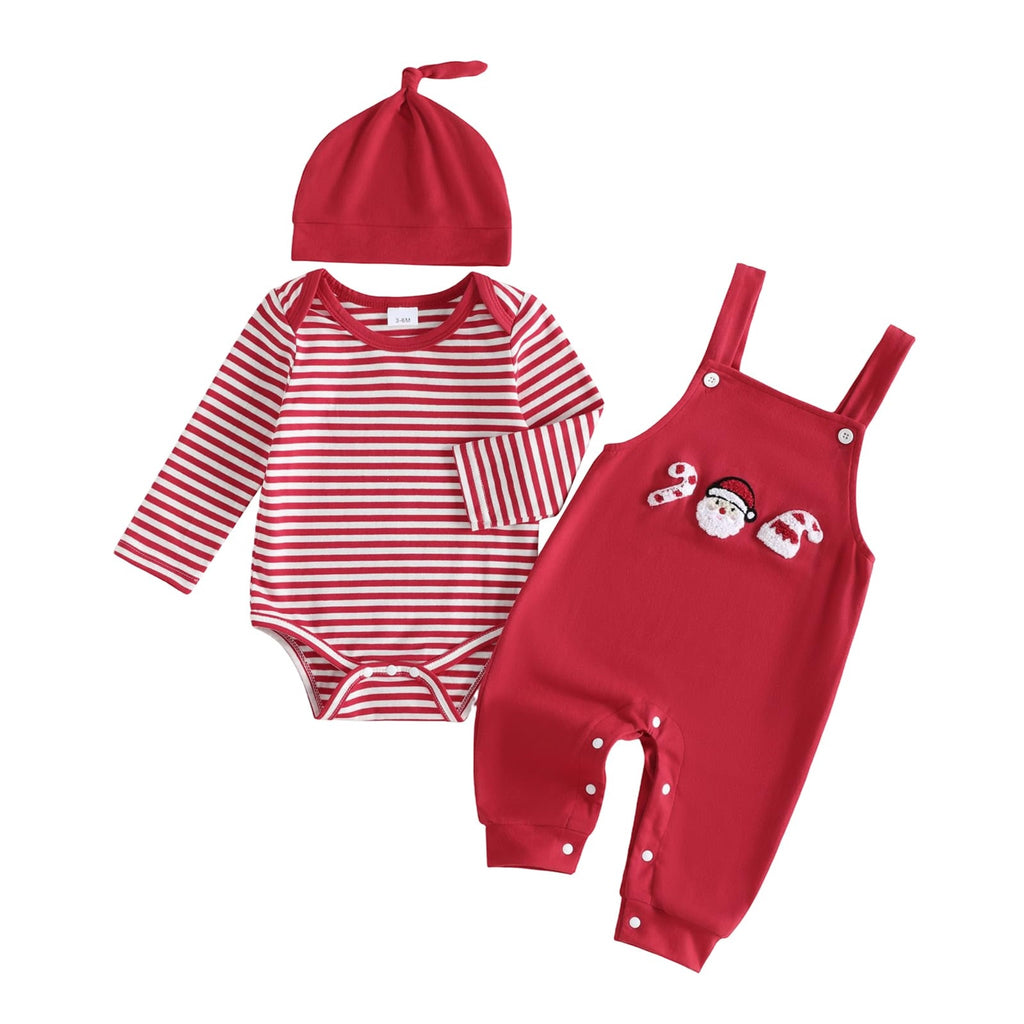 Santa Red Newborn Set | Conjunto 3 Piezas Bebé — Body Rayas Rojo + Overol Rojo + Papa Noel + Gorro Nudo