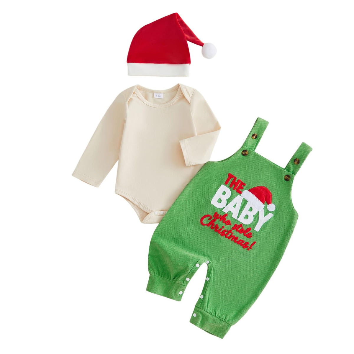 The Baby Who Stole Christmas | Conjunto 3 Piezas Bebé — Body Crema + Overol Verde + Gorro Papa Noel