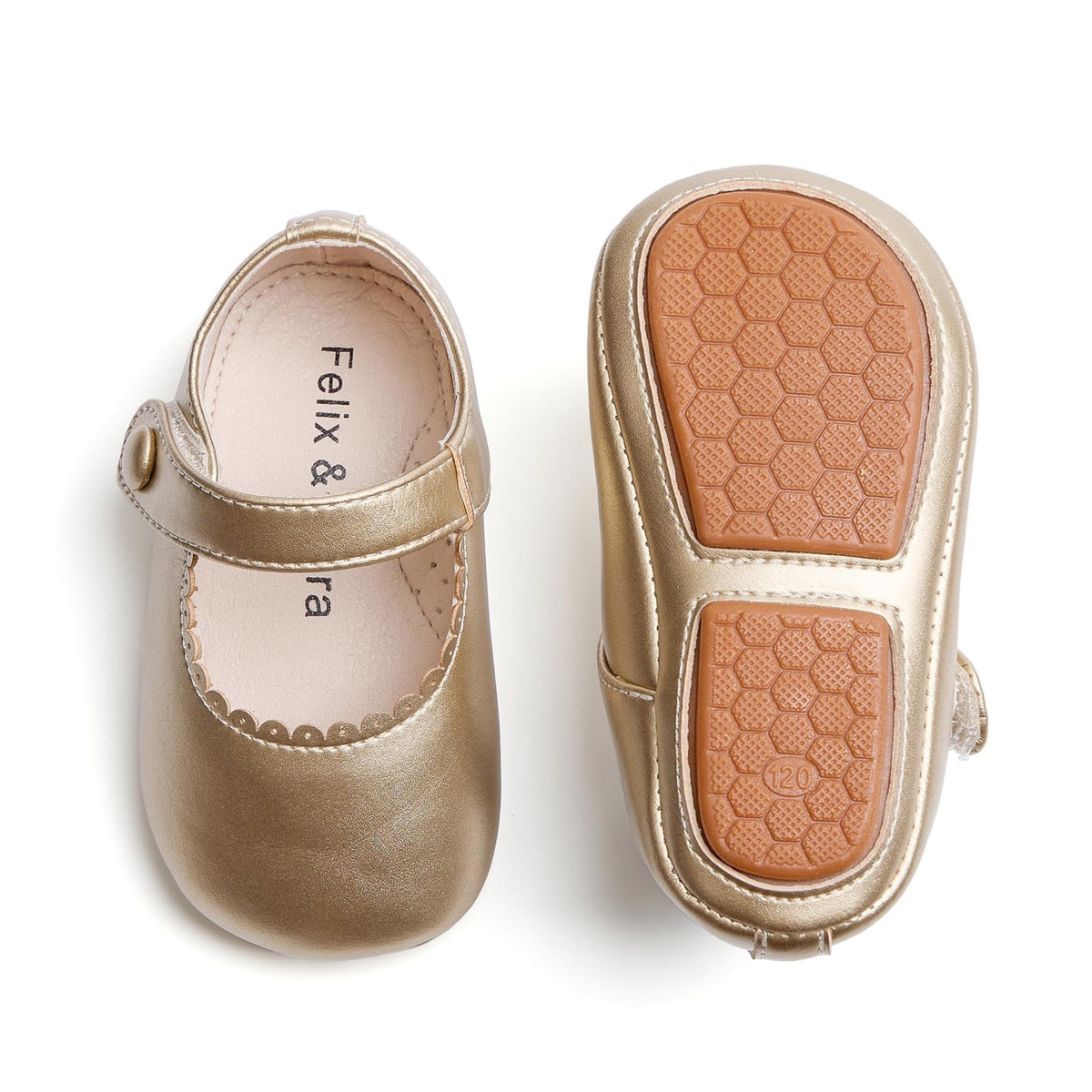 Zapatos de Vestir Antideslizantes de Suela Suave con Velcro para Bebé (Dorado) – Félix & Flora