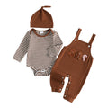 Gingerbread Cookie Newborn Set | Conjunto 3 Piezas Bebé — Body Rayas Café + Overol Café + Galleta de Jengibre + Gorro Nudo