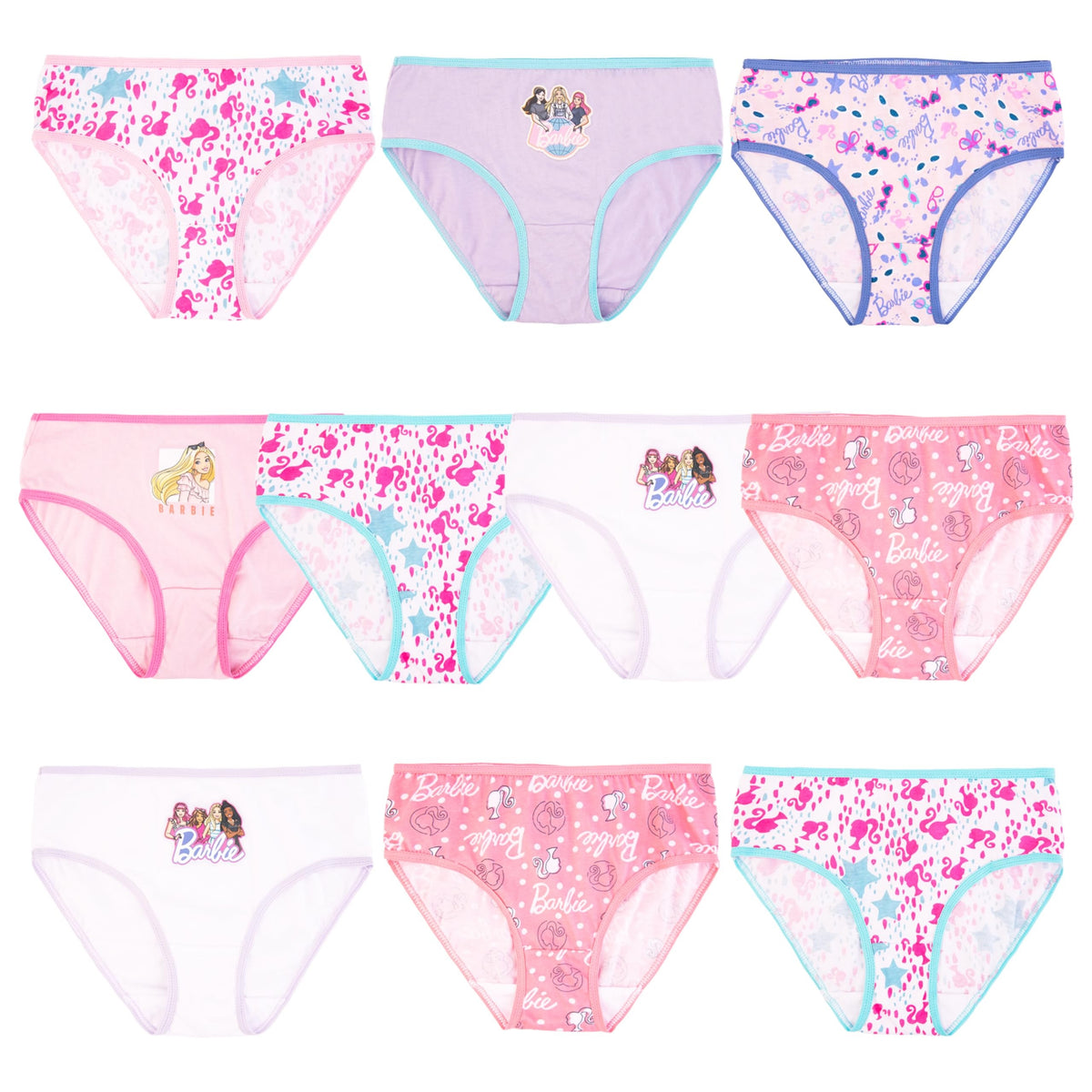Barbie | Panty Bikini Nina Pack 10 | 100% Algodon Peinado | Sin Etiqueta | Cintura Cepillada | 10 Estampados Iconicos Barbie (4 - 8T)