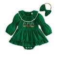 Christmas Tree Smocked Romper | Mameluco Vestido Verde Bebé Niña — Cuello Muñeca + Mangas Abombadas + Árboles Bordados + Diadema