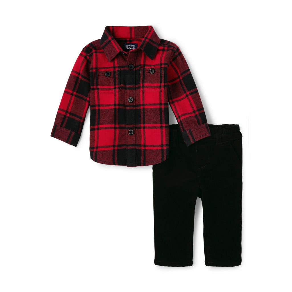 Conjunto 2 Piezas The Children's Place | Camisa Franela Buffalo Check Rojo Negro + Pantalón Pana | Bebé Niño (0M - 18M)