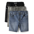 The Children's Place Pack 3 Shorts Denim Stretch Niño | Negro + Gris + Azul • Cintura EZ-Fit • 5 Bolsillos