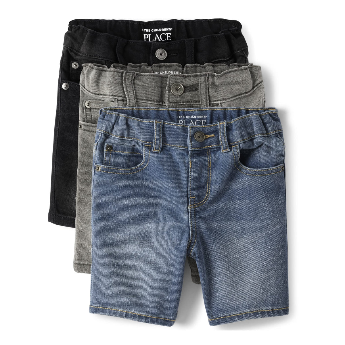 The Children's Place Pack 3 Shorts Denim Stretch Niño | Negro + Gris + Azul • Cintura EZ-Fit • 5 Bolsillos
