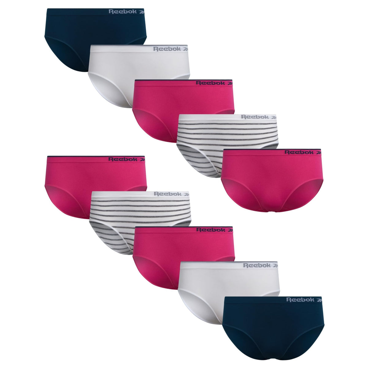 Reebok | Panty Hipster Nina Pack 10 | 93% Nylon 7% Spandex | Sin Costuras | Sin Etiqueta | Absorbe Humedad | Transpirable | Navy + Blanco + Rosa Carmin + Rayas  (6 - 16T)