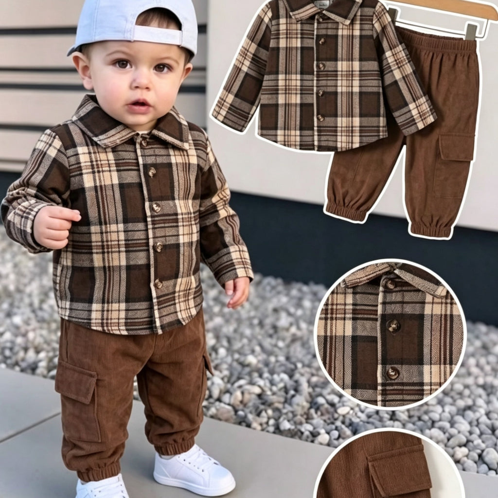Conjunto de 2 Piezas para Niño con Camisa de Cuadros a Botones y Pantalón Casual Estilo Cargo en Color Marrón (Traje de Otoño Versátil y Cómodo) (4Y - 8Y)