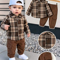 Conjunto de 2 Piezas para Niño con Camisa de Cuadros a Botones y Pantalón Casual Estilo Cargo en Color Marrón (Traje de Otoño Versátil y Cómodo) (4Y - 8Y)