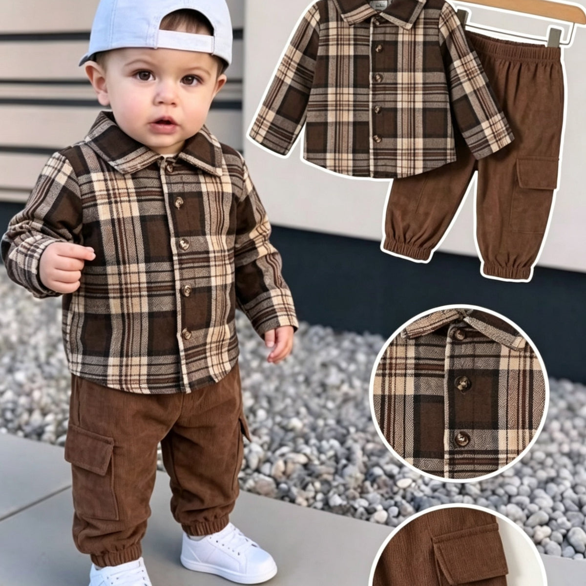 Conjunto de 2 Piezas para Niño con Camisa de Cuadros a Botones y Pantalón Casual Estilo Cargo en Color Marrón (Traje de Otoño Versátil y Cómodo) (4Y - 8Y)