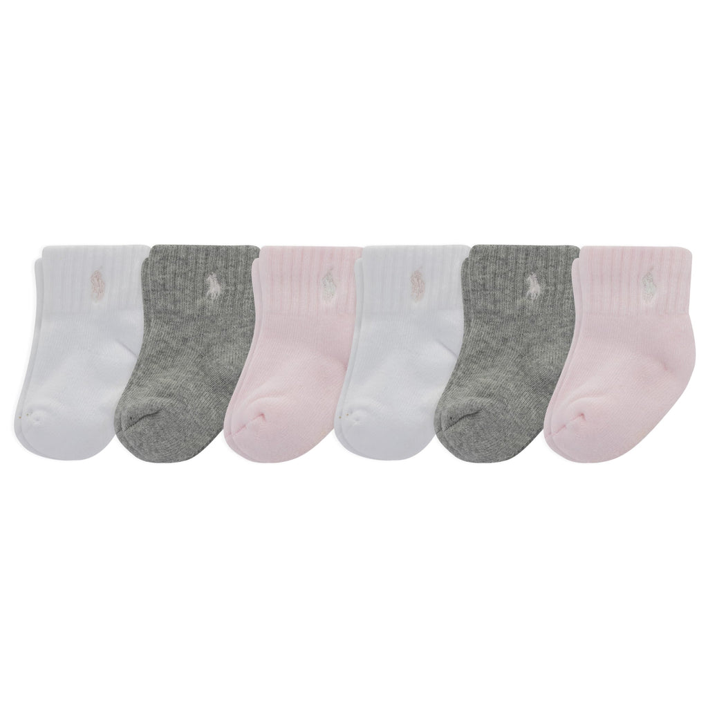 Polo Ralph Lauren | Calcetines Bebé Niña Pack 6 Algodón Pony Bordado Stay-Up Tobillero Blanco Gris Rosa 0-24 Meses