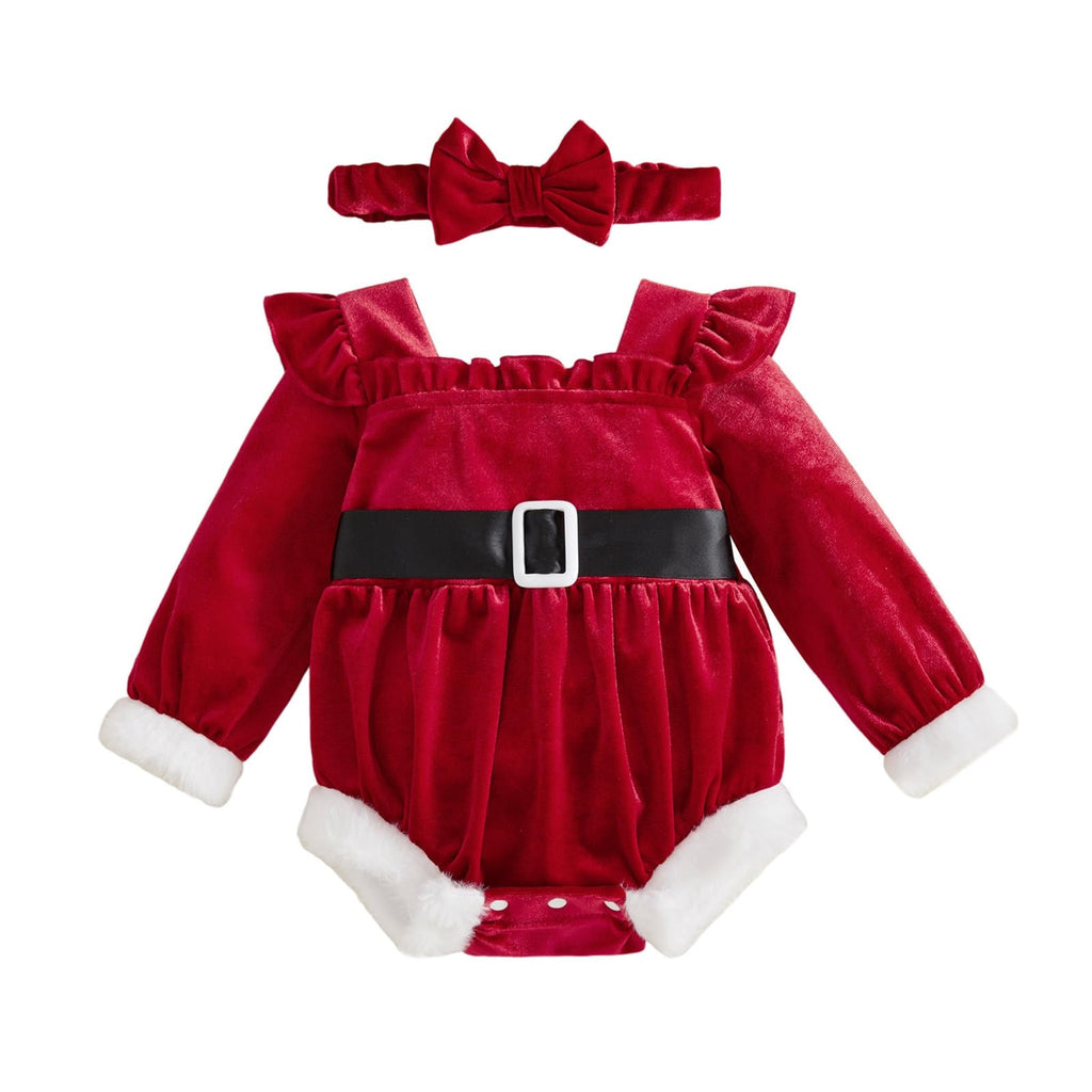 Santa Velvet Ruffle Romper | Body Terciopelo Rojo Bebé Niña — Escote Cuadrado + Mangas Volantes + Ribete Felpa + Diadema Moño