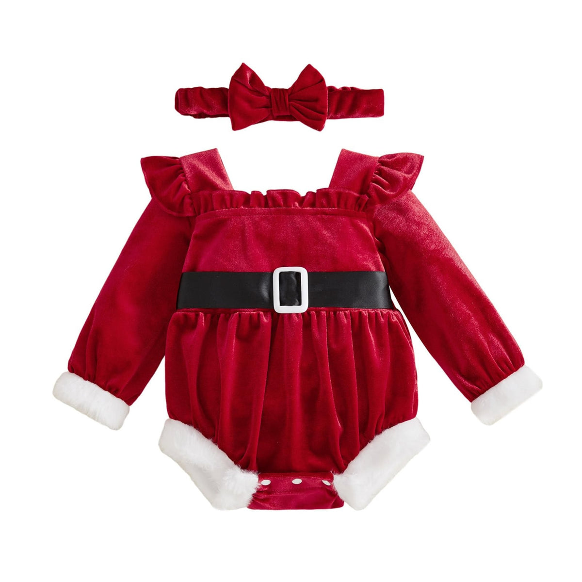 Santa Velvet Ruffle Romper | Body Terciopelo Rojo Bebé Niña — Escote Cuadrado + Mangas Volantes + Ribete Felpa + Diadema Moño