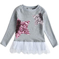 Top de Manga Larga con Lentejuelas para Niñas – Algodón Gris con Tul (3 - 12T)