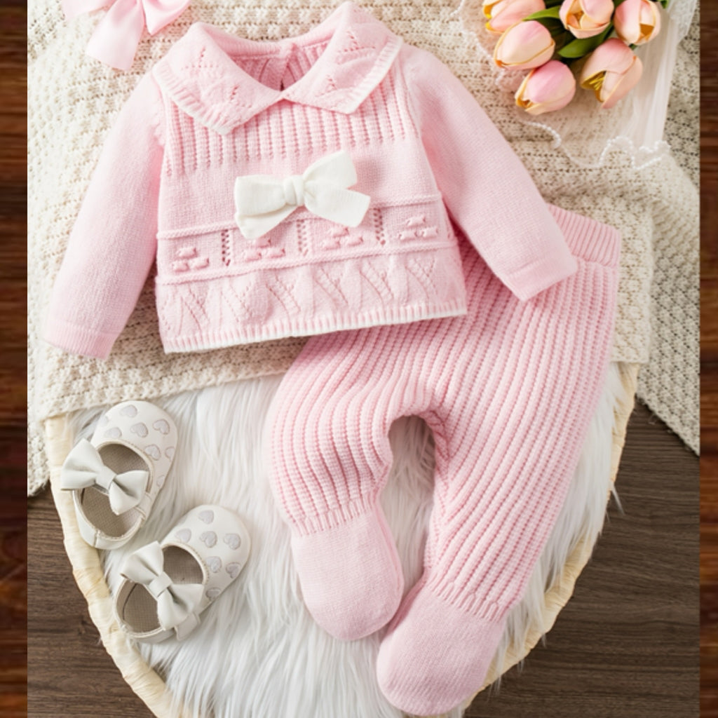 Conjunto de Ropa Tejida de Manga Larga con Lazo para Bebé Niña (Suéter con Cuello y Pantalón con Pies en Color Rosa, Estilo Elegante para Primavera) (1M - 9M)