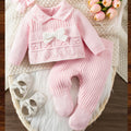 Conjunto de Ropa Tejida de Manga Larga con Lazo para Bebé Niña (Suéter con Cuello y Pantalón con Pies en Color Rosa, Estilo Elegante para Primavera) (1M - 9M)