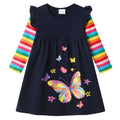 Vestido Niña | Algodón + Mariposa Arcoíris Gigante Multicolor + Manga Flutter Rayas Arcoíris Vibrante | Navy/Arcoíris (3T - 8T)