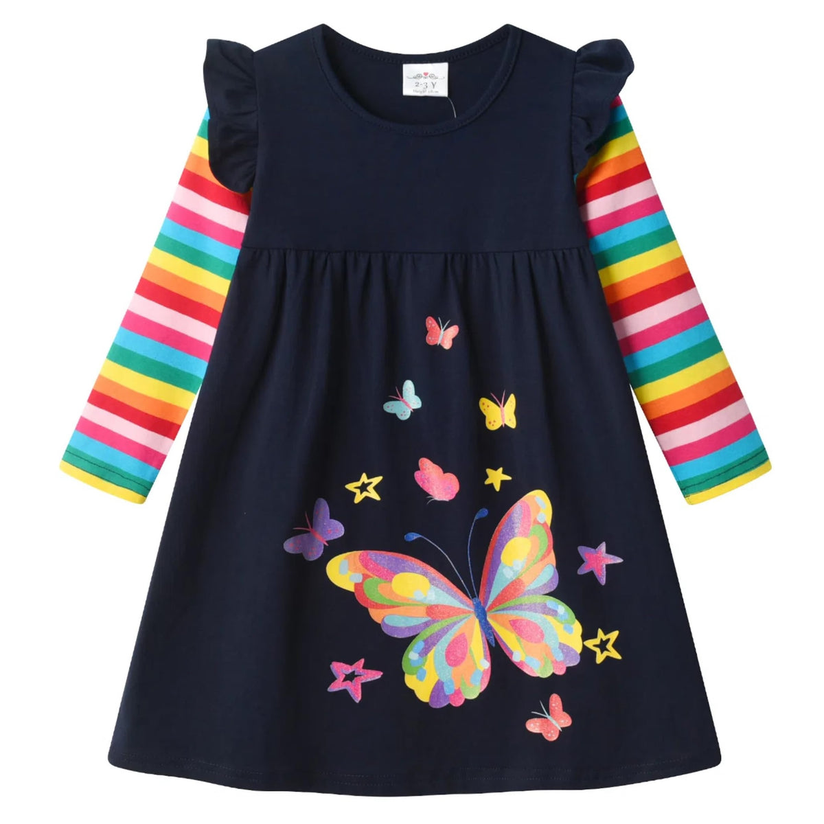 Vestido Niña | Algodón + Mariposa Arcoíris Gigante Multicolor + Manga Flutter Rayas Arcoíris Vibrante | Navy/Arcoíris (3T - 8T)