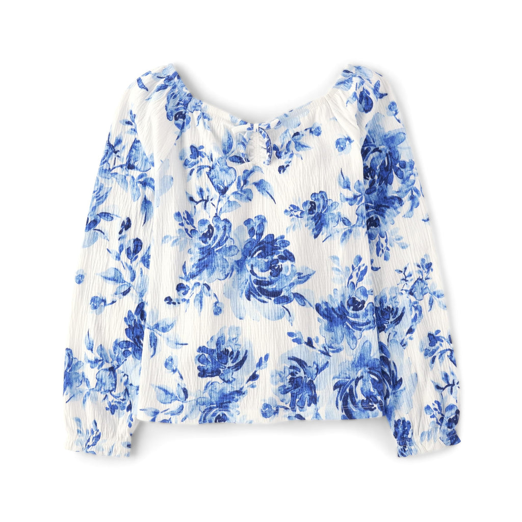 The Children's Place | Top Peplum Fruncido Nina Manga Larga | 58% Algodon 41% Poliester 1% Elastano Jacquard | Cuello en V con Lazo Decorativo + Fruncidos | Punos Elasticos con Volante | Floral Acuarela All-Over (4 - 16T)