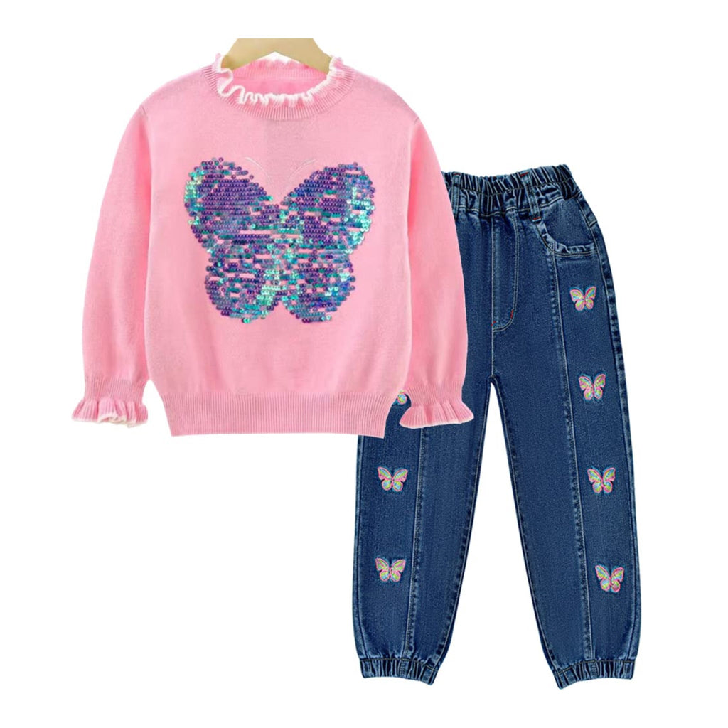 Conjunto 2 Piezas para Niña: Suéter Rosa Mariposa de Lentejuelas Holográficas y Jeans Jogger con Mariposas Bordadas