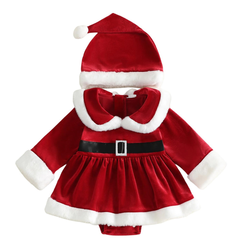 Bonangber | Mameluco Vestido Navideño Terciopelo Rojo Bebé Niña con Sombrero