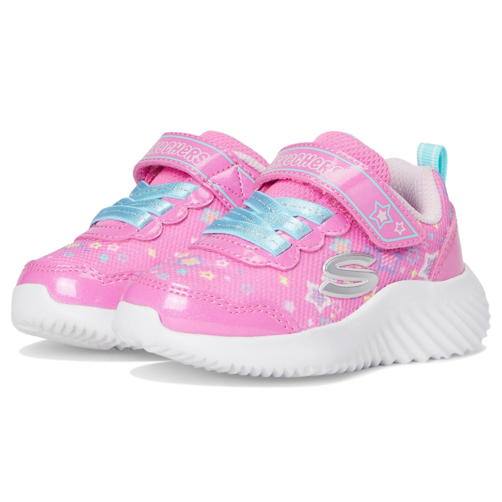 Skechers - Tenis Deportivos Bounder con Cierre Adaptable y Estampado de Estrellas para Niña (Rosa/Multicolor) (Talla 21 - 26)