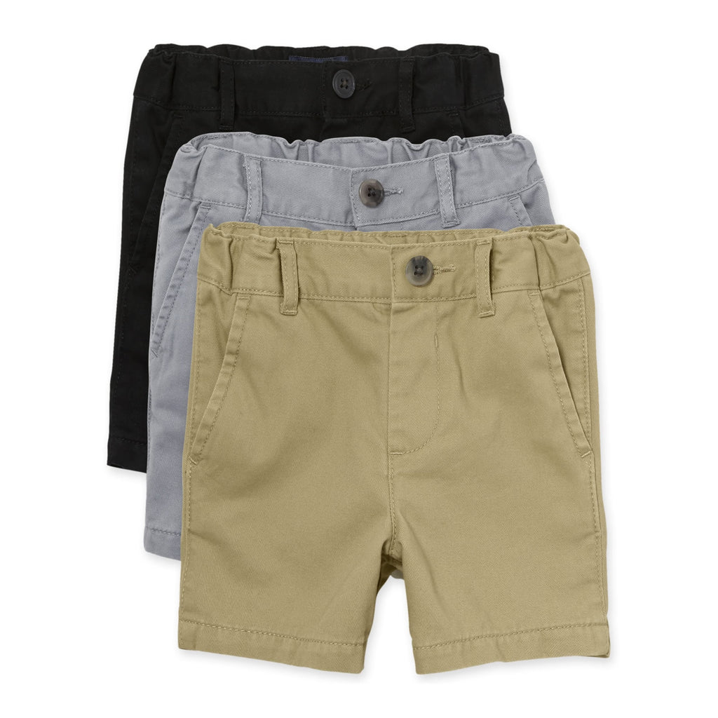 The Children's Place Pack 3 Shorts Chinos Niño | Negro + Gris + Lino • Algodón • Cintura Elástica