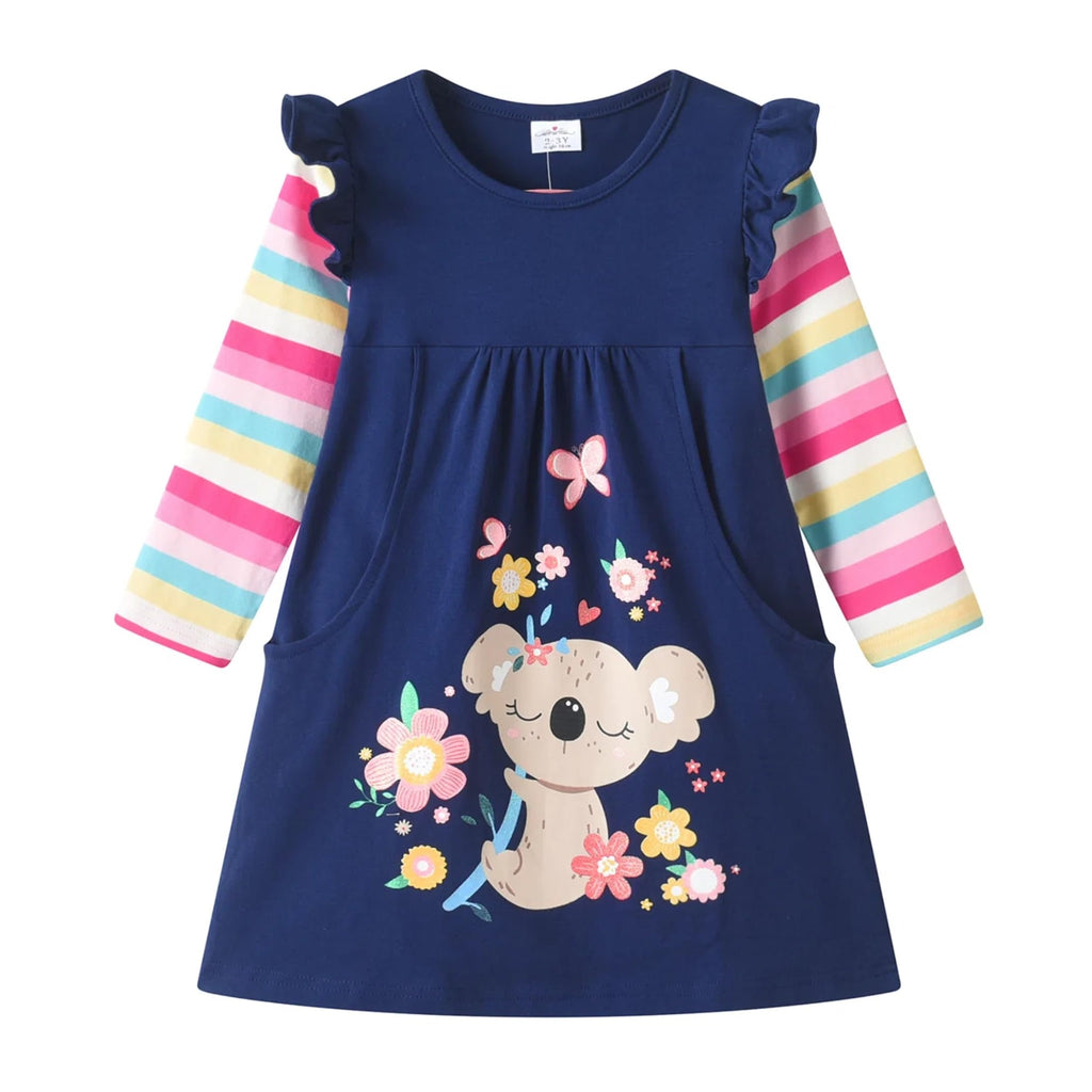 Vestido Niña ZJY | Algodón + Koala Bebé Floral + Mariposa + Corazones + Bolsillos | Navy/Arcoíris (3T - 8T)