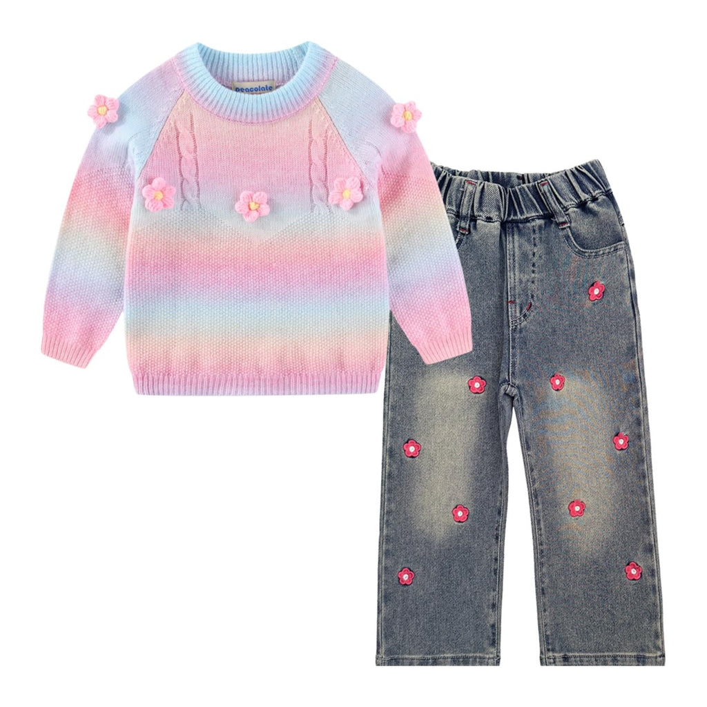 Conjunto 2 Piezas para Niña: Suéter Arcoíris con Flores 3D y Jeans Recto con Flores Bordadas  (3T - 7)