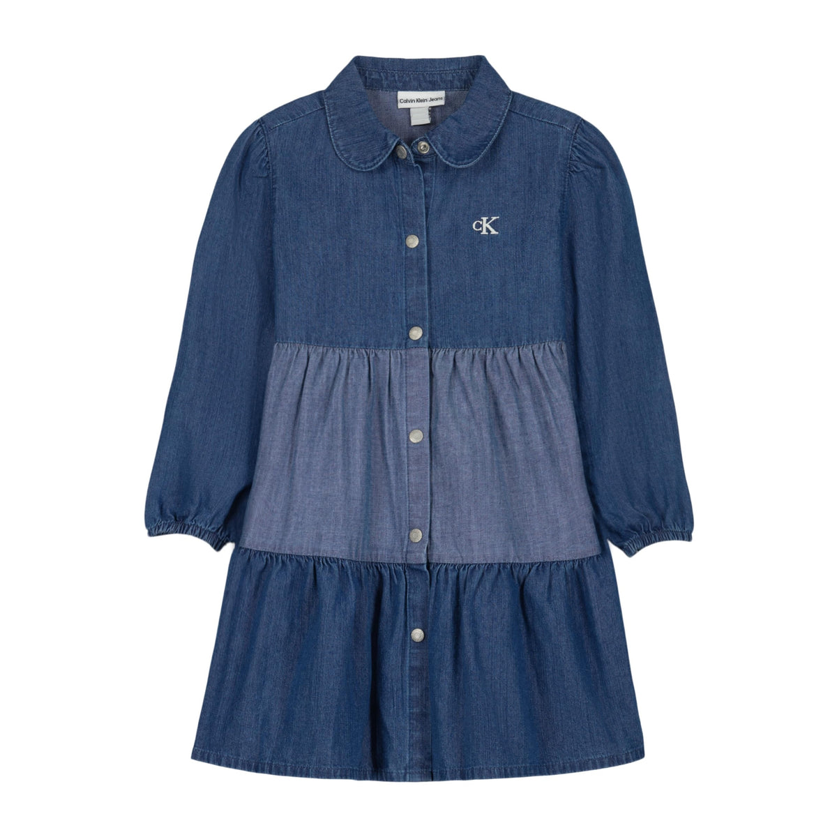 Vestido Camisero Denim Tiered Calvin Klein Jeans | 3 Niveles Color Block + Logo cK Bordado | Niña (2T - 6T)
