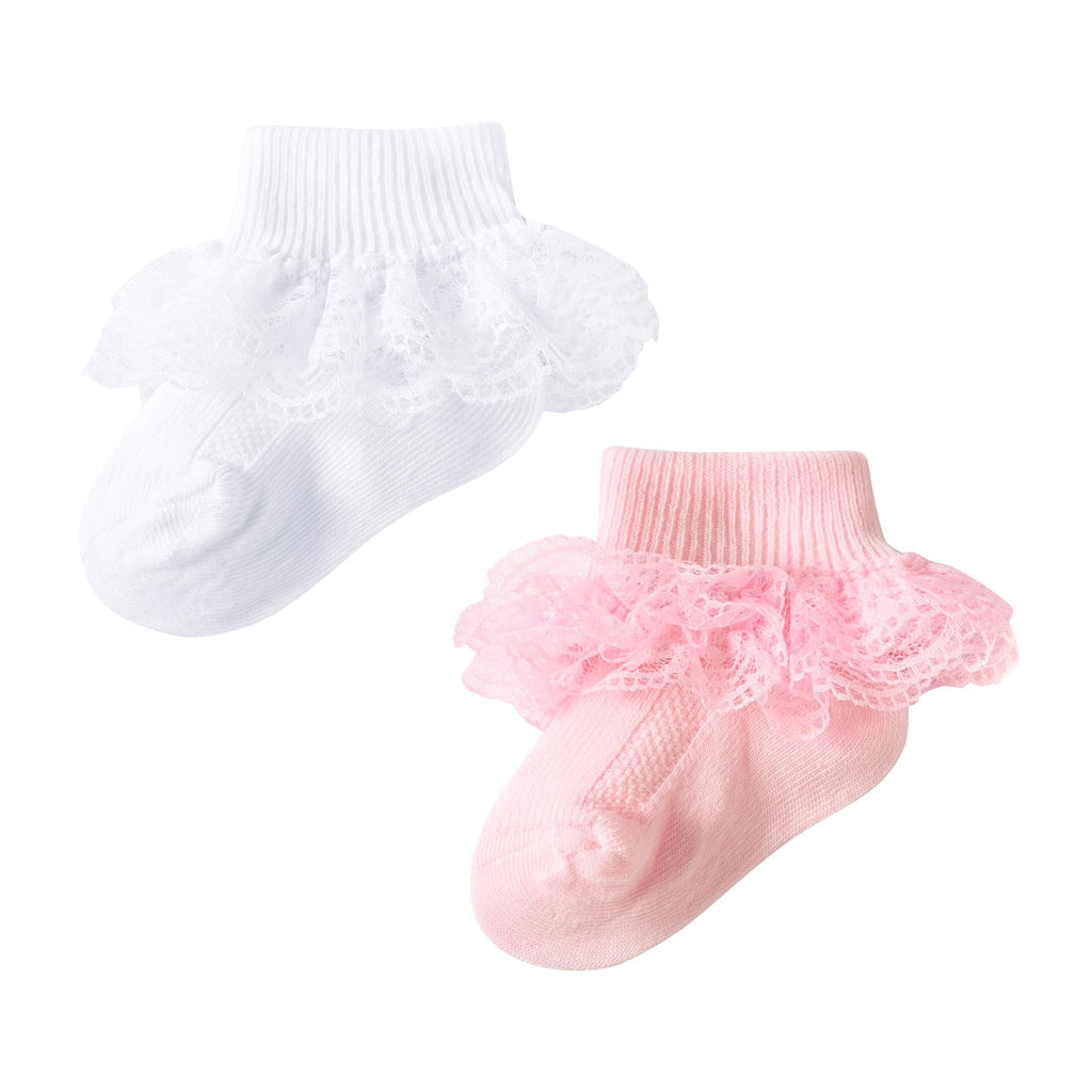 Calcetines Bebé Niña Pack 2 Algodón Canalé Encaje Volante Clásico Blanco Rosa Bautizo Ocasión
