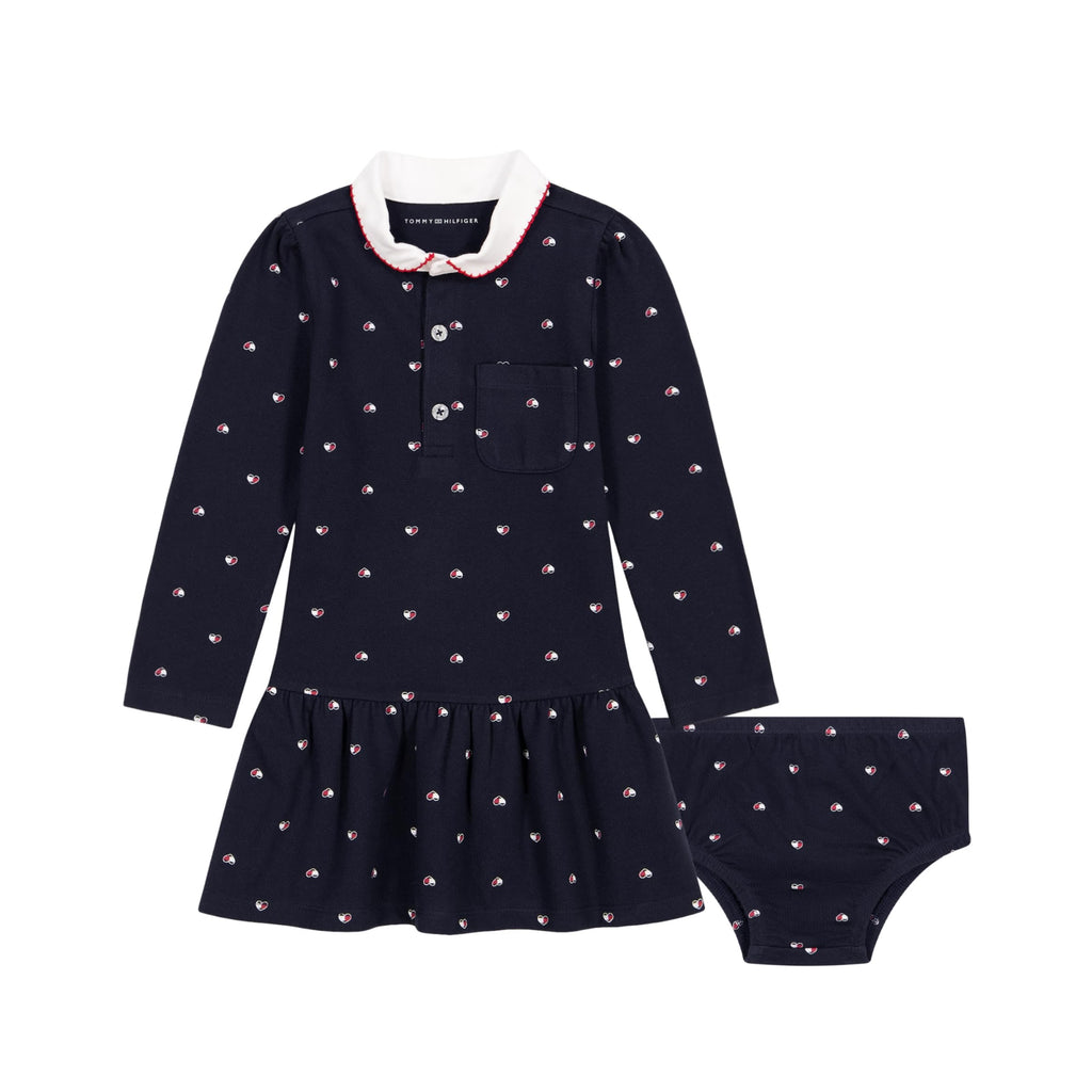 Vestido + Bloomer Tommy Hilfiger | Corazones Allover Navy | Cuello Peter Pan | Niña/Bebé | 2 Piezas (12M - 24M)