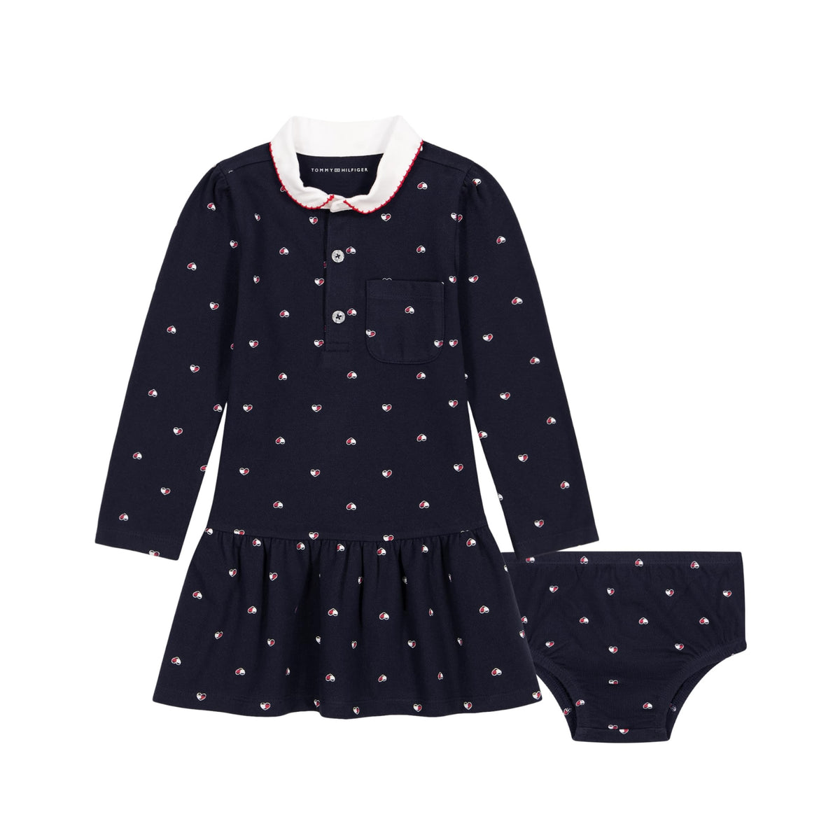 Vestido + Bloomer Tommy Hilfiger | Corazones Allover Navy | Cuello Peter Pan | Niña/Bebé | 2 Piezas (12M - 24M)