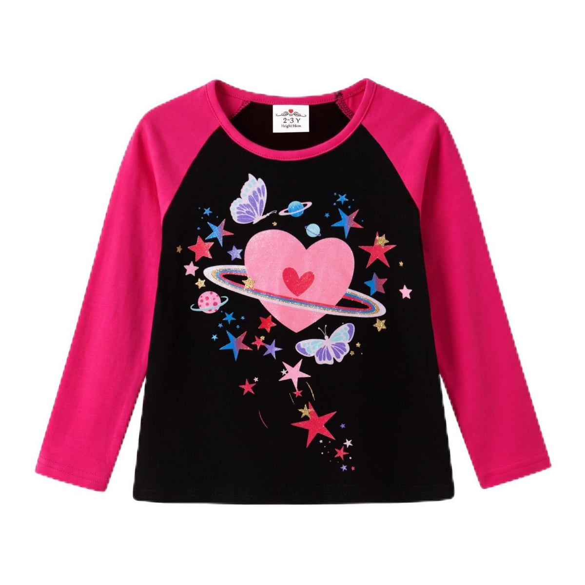 Top de manga larga negro tipo ragán con mangas rosa fucsia y estampado de corazón galáctico con estrellas y mariposas para niñas