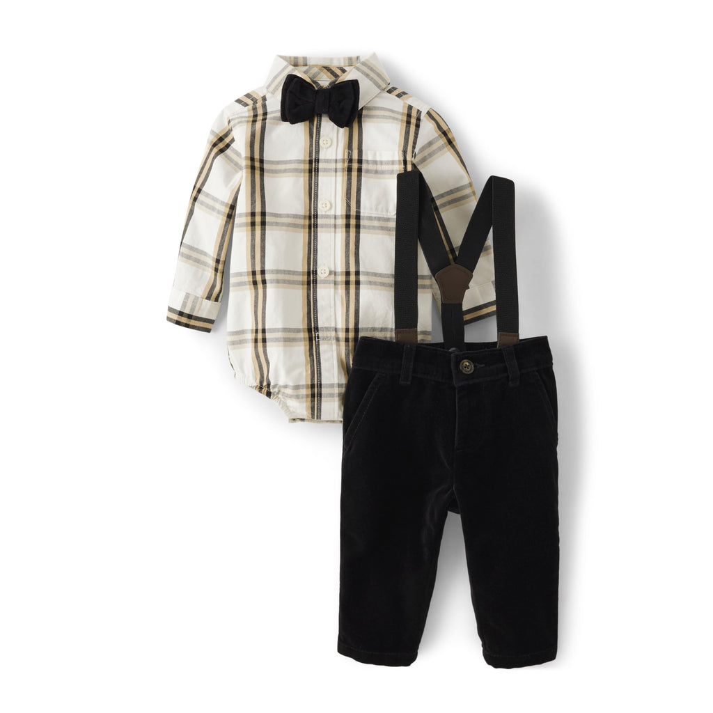 Conjunto Formal 4 Piezas | Bodysuit Camisa Cuadros Crema + Pana Negro + Tirantes + Pajarita Terciopelo | Bebé Niño (0M - 9M)