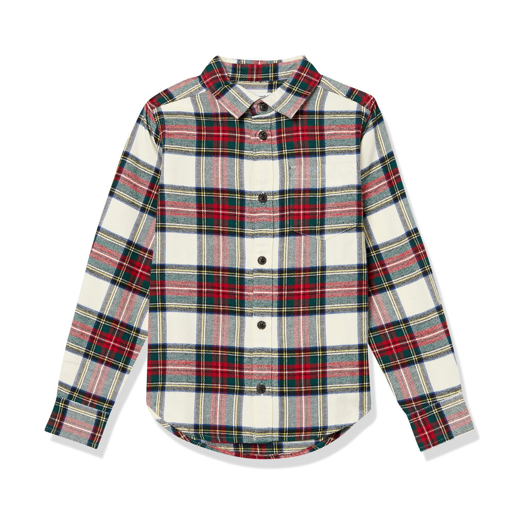Amazon Essentials Camisa Franela Niño | Cuadros Crema/Rojo/Verde • Manga Larga • 100% Algodón