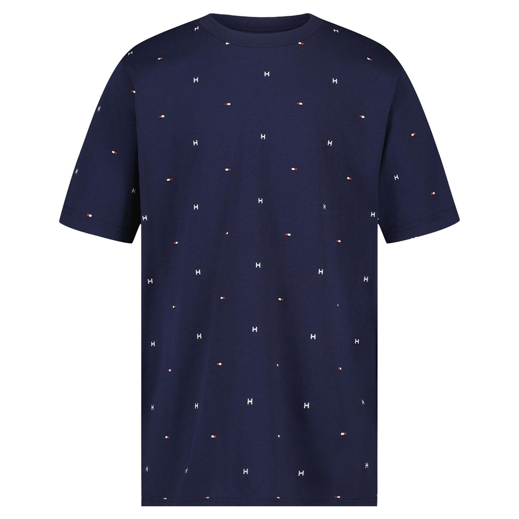 Tommy Hilfiger | Camiseta Niño Manga Corta Micro-Print Logo Bandera All-Over Minimalista 100% Algodón Azul Marino (8-16T)