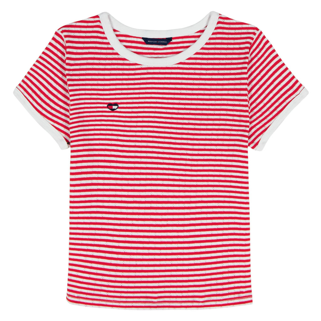 Tommy Hilfiger | Camiseta Nina Manga Corta | Rayas Rojo + Blanco con Lurex | Cuello Contrastante Blanco | Logo Bandera TH Corazon Bordado | Manga Enrollada | Corte Relaxed  (7 - 10T)