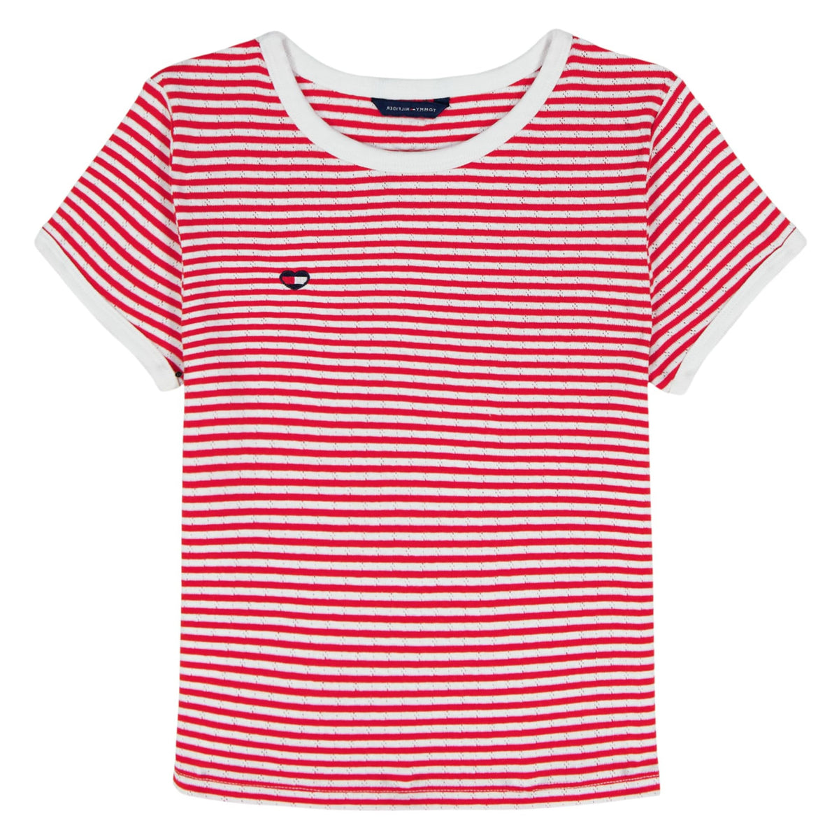 Tommy Hilfiger | Camiseta Nina Manga Corta | Rayas Rojo + Blanco con Lurex | Cuello Contrastante Blanco | Logo Bandera TH Corazon Bordado | Manga Enrollada | Corte Relaxed  (7 - 10T)